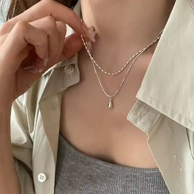 Silver droplet double-layer necklace color