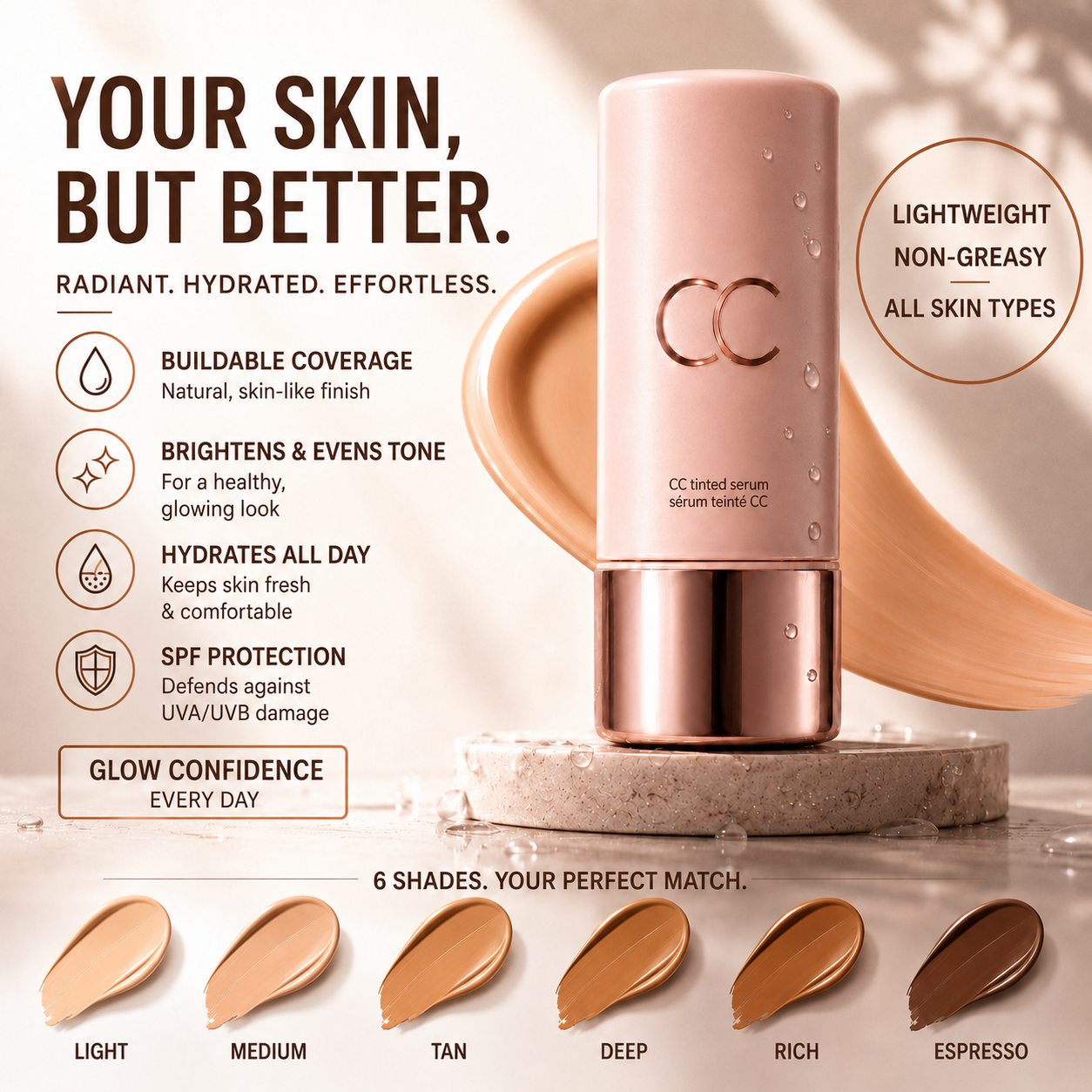 CC Color-Correcting Tinted Serum | 4-in-1 Skincare Makeup | Shade-Adaptive | 24H Hydration | 16H Waterproof