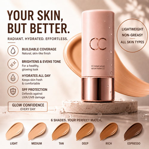 CC Color-Correcting Tinted Serum | 4-in-1 Skincare Makeup | Shade-Adaptive | 24H Hydration | 16H Waterproof