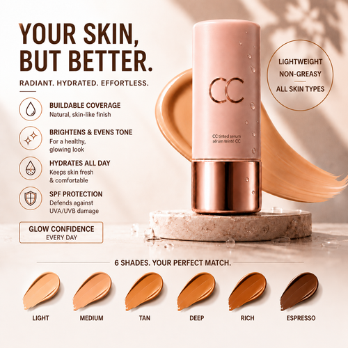 CC Color-Correcting Tinted Serum | 4-in-1 Skincare Makeup | Shade-Adaptive | 24H Hydration | 16H Waterproof