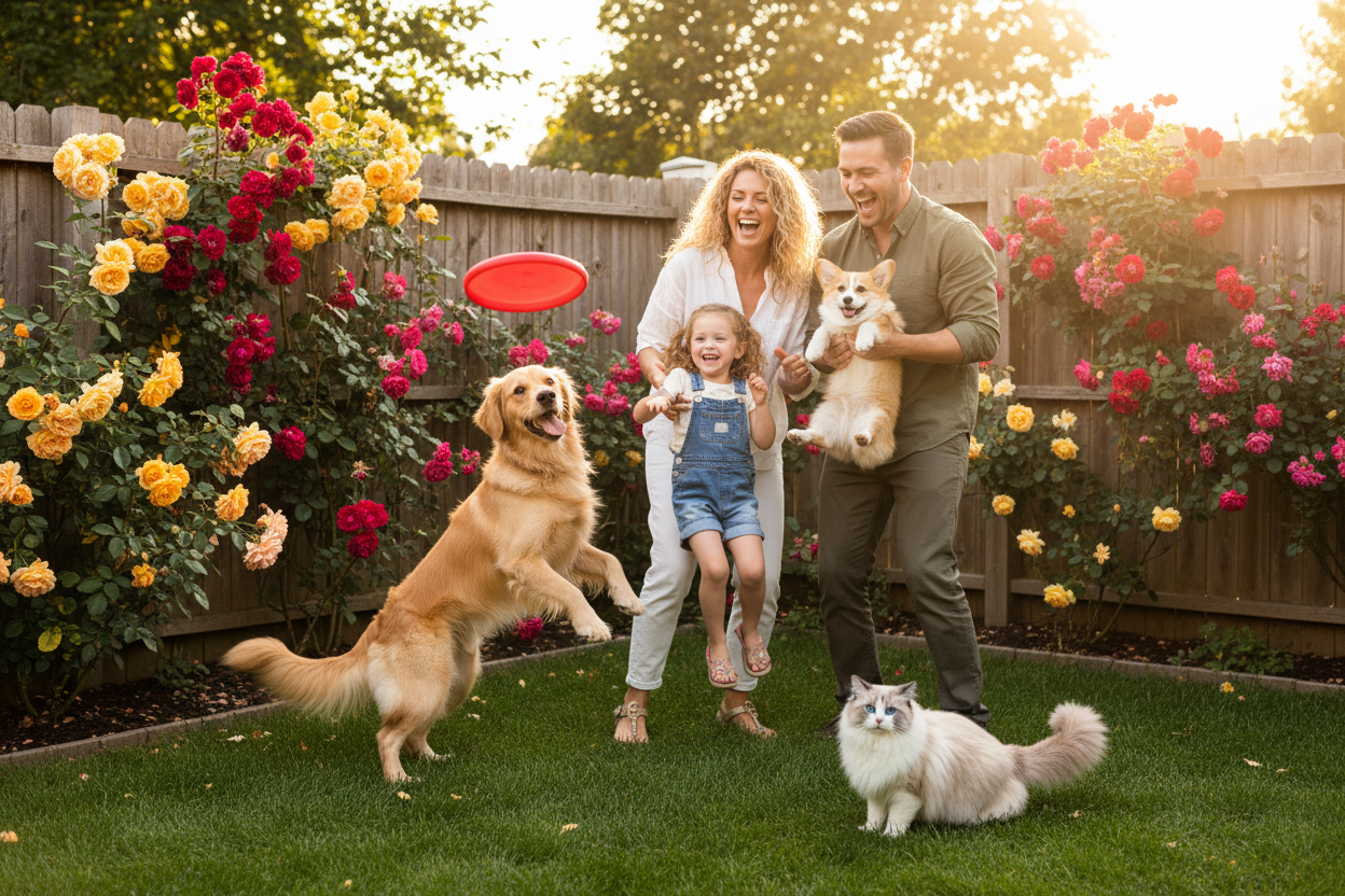 Family with Pets in Garden